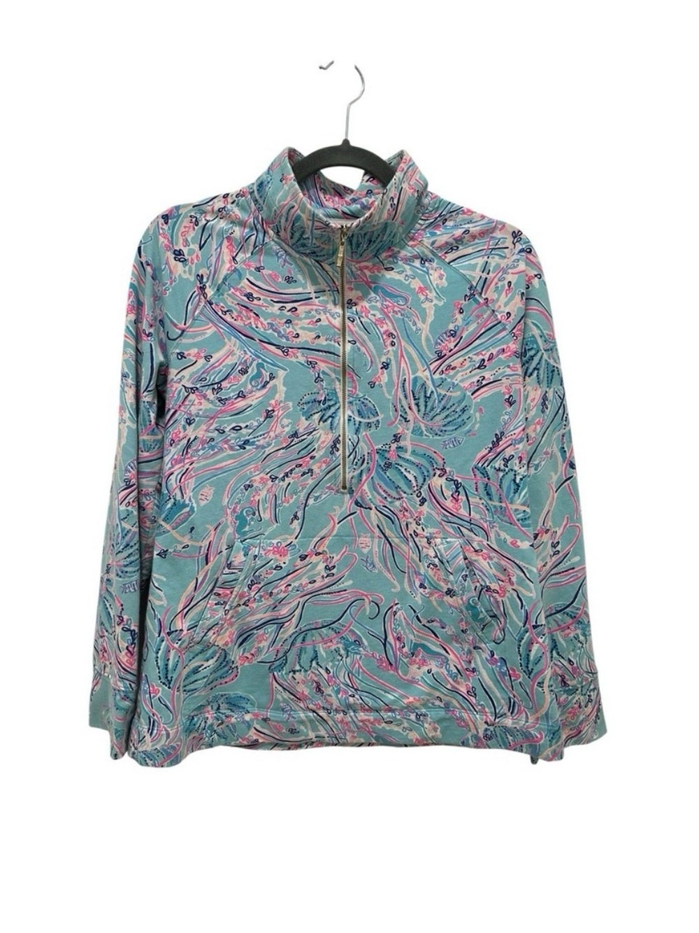 💕GUC Lilly Pulitzer Bayside Blue Under the moonTeal Printed Quarter-Zip Pullover